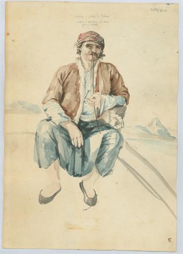 Ο κολαούζος (πλοηγός) του πλοίου στη διαδρομή Πάτρα-Κόρινθος, του Γεράσιμου Πιτζαμάνου, μολύβι και υδατογραφία σε χαρτί, 1818/1820.