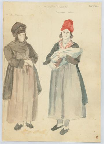 Λαϊκή ενδυμασία από τη Τζιά. Μαμμή και Παραμάννα, του Γεράσιμου Πιτζαμάνου, μολύβι και υδατογραφία σε χαρτί, 1818/1820.