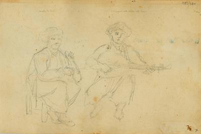Οργανοπαίχτες με λύρα και λαούτο, του Γεράσιμου Πιτζαμάνου, μολύβι σε χαρτί, 1818/1820.
