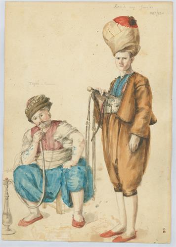Γενίτσαροι: Τοπτσής (πυροβολητής) με ναργιλέ και Σακάς (νερουλάς), του Γεράσιμου Πιτζαμάνου, μολύβι και υδατογραφία σε χαρτί, 1818/1820.