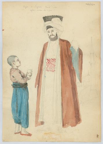 Αγάς, &quot;πλούσιος άρχοντας&quot; και ογλάν (αγόρι) στην υπηρεσία του. Σχεδίασμα τζαμιού, του Γεράσιμου Πιτζαμάνου, μολύβι και υδατογραφία σε χαρτί, 1818/1820.
