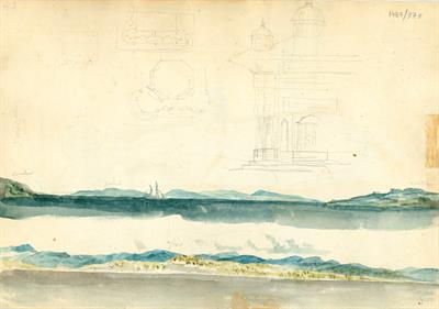 Πανοραμικές απόψεις ακτών Ασίας και Ευρώπης στα Δαρδανέλλια. Σχεδιάσματα της κρήνης Αχμέτ Γ&#039; στην Κωνσταντινούπολη, του Γεράσιμου Πιτζαμάνου, μολύβι και υδατογραφία σε χαρτί, 1818/1820.