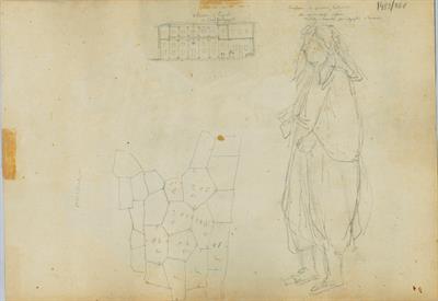 Νεαρός &quot;που διασκεδάζει τους θαμώνες των καπηλειών&quot;. Όψη πανδοχείου και τμήμα τειχίσματος στις Μυκήνες, του Γεράσιμου Πιτζαμάνου, μολύβι σε χαρτί, 1818/1820.