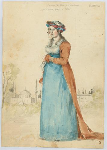 Ενδυμασία από το Πέραν και το Σταυροδρόμι &quot;για νέες κοπέλες, ελληνίδες και δυτικές&quot;, του Γεράσιμου Πιτζαμάνου, μολύβι και υδατογραφία σε χαρτί, 1818/1820.