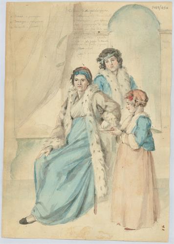 &quot;Πρώην πριγκίπισσες της Βλαχίας: Δόμνα, Δομνίτσα&quot;, του Γεράσιμου Πιτζαμάνου, μολύβι και υδατογραφία σε χαρτί, 1818/1820.