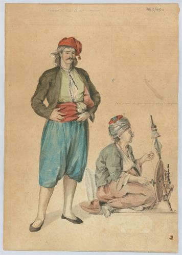 Έλληνας ναυτικός από την Τήνο και γιαγιά &quot;που γνέθει σύμφωνα με τις συνήθειες της Κωνσταντινούπολης&quot;, του Γεράσιμου Πιτζαμάνου, μολύβι και υδατογραφία σε χαρτί, 1818/1820.
