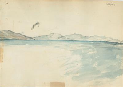 Άποψη της οροσειράς του Κιθαιρώνα κατά τον διάπλου του Κορινθιακού κόλπου, του Γεράσιμου Πιτζαμάνου, υδατογραφία σε χαρτί, 1818/1820.
