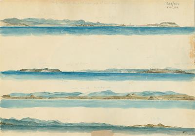 Πανοραμικές απόψεις ακτών Ασίας και Ευρώπης στα Δαρδανέλλια, του Γεράσιμου Πιτζαμάνου, μολύβι και υδατογραφία σε χαρτί, 1818/1820.