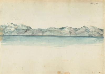 Άποψη των οροσειρών Παρνασσού και Ελικώνα κατά τον διάπλου του Κορινθιακού κόλπου, του Γεράσιμου Πιτζαμάνου, υδατογραφία σε χαρτί, 1818/1820.