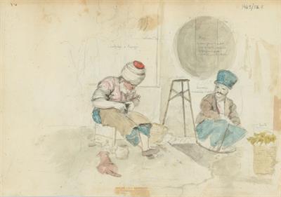 Παπουτσής και μπουρεκτζής (πλανόδιος πωλητής γλυκισμάτων), του Γεράσιμου Πιτζαμάνου, μολύβι και υδατογραφία σε χαρτί, 1818/1820.