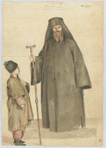 Έλληνας Επίσκοπος και τσιράκι (παιδί στην υπηρεσία του), του Γεράσιμου Πιτζαμάνου, μολύβι και υδατογραφία σε χαρτί, 1818/1820.