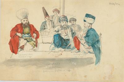 &quot;Στην Ασία&quot;. Χαρακτηριστική σκηνή ανάπαυσης αξιωματούχων για καφέ στο Μπεϊκόζ, του Γεράσιμου Πιτζαμάνου, υδατογραφία σε χαρτί, 1818/1820.