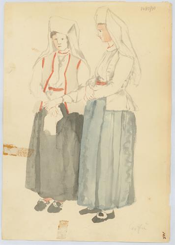 Δύο κοπέλες από την Κέρκυρα, του Γεράσιμου Πιτζαμάνου, υδατογραφία σε χαρτί.