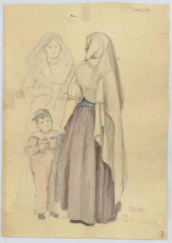 Δύο γυναίκες και ένα αγόρι από τη Ζάκυνθο, του Γεράσιμου Πιτζαμάνου, μολύβι και υδατογραφία σε χαρτί, 1817/1820.