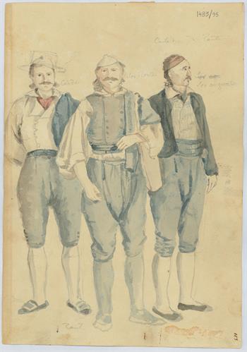 Τρεις χωρικοί από τη Ζάκυνθο, του Γεράσιμου Πιτζαμάνου, μολύβι και υδατογραφία σε χαρτί, 1817/1820.