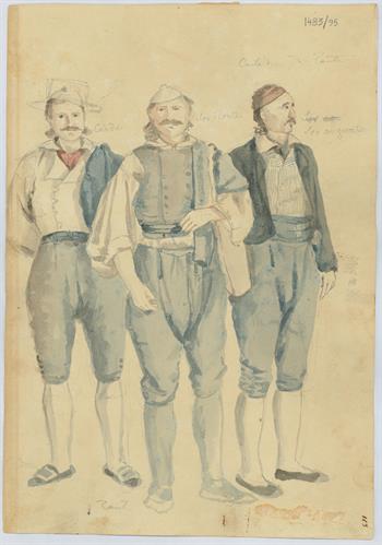 Three villagers from Zakynthos, by Gerasimos Pizzamanos, pencil and aquarelle on paper, 1817/1820.