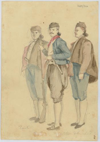 &quot;Τρεις πολίτες από την πόλη της Ζακύνθου&quot;, του Γεράσιμου Πιτζαμάνου, μολύβι και υδατογραφία σε χαρτί, 1817/1820.