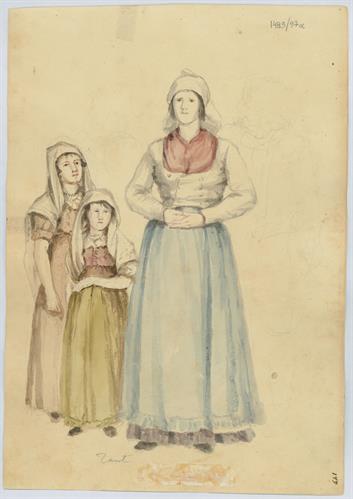 Woman and two girls from Zakynthos, by Gerasimos Pizzamanos, pencil and aquarelle on paper, 1817/1820.