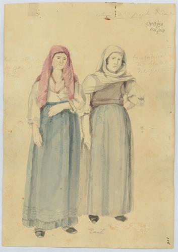 Costumes from Zakynthos. Woman from the town and a villager, by Gerasimos Pizzamanos, aquarelle on paper, 1817/1820.