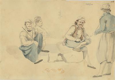 Συντροφιά ανδρών στην Κεφαλονιά, του Γεράσιμου Πιτζαμάνου, μολύβι και υδατογραφία σε χαρτί.