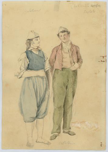 Ημιονηγός και νέος από τα Ζερβάτα Κεφαλονιάς, του Γεράσιμου Πιτζαμάνου, υδατογραφία σε χαρτί, 1817/1820.