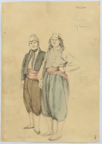 Δύο νέοι από την Πύλαρο Κεφαλονιάς, του Γεράσιμου Πιτζαμάνου, μολύβι και υδατογραφία σε χαρτί, 1817/1820.