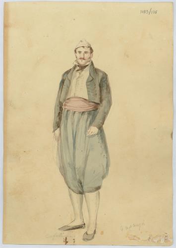 Άνδρας Κεφαλονίτης από τα Φαρακλάτα, του Γεράσιμου Πιτζαμάνου, μολύβι και υδατογραφία σε χαρτί, 1817/1820.