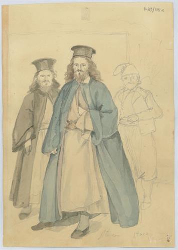 Δύο ιερείς και άνδρας από την Ιθάκη, του Γεράσιμου Πιτζαμάνου, μολύβι και υδατογραφία σε χαρτί.