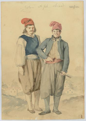 Βαρκάρης και χωρικός από την Ιθάκη, του Γεράσιμου Πιτζαμάνου, υδατογραφία σε χαρτί, 1817/1820.