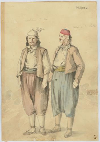 Δύο χωρικοί από την Εξωγή και το Βαθύ της Ιθάκης, του Γεράσιμου Πιτζαμάνου, υδατογραφία σε χαρτί, 1817/1820.