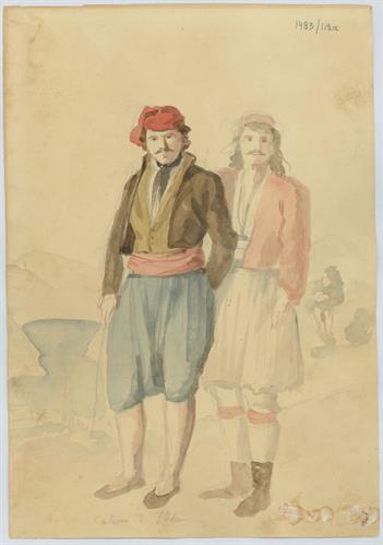 Άντρες στην Ιθάκη, του Γεράσιμου Πιτζαμάνου, μολύβι και υδατογραφία σε χαρτί, 1817/1820.