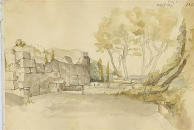 Ερείπια αρχαίου οικοδομήματος, του Γεράσιμου Πιτζαμάνου, μολύβι και υδατογραφία σε χαρτί, 1818/1820.