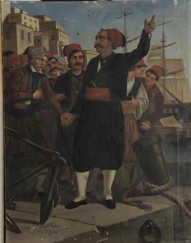 Ο Αντώνης Οικονόμου κηρύσσει την επανάσταση στην Ύδρα. Ελαιογραφία σε μουσαμά, αγνώστου, αντίγραφο από την πρωτότυπη σύνθεση του Peter von Hess.