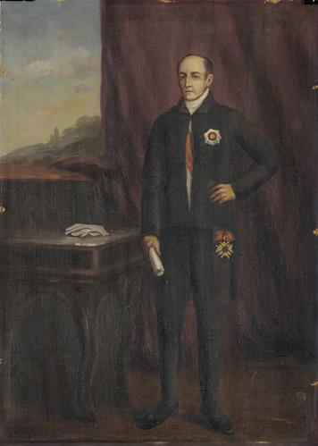 Ολόσωμη προσωπογραφία του Βαρώνου Εμμανουήλ Θεοτόκη, ελαιογραφία σε μουσαμά του Ε. Πανταζόπουλου.