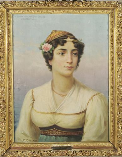 &quot;Η ΗΡΩΫΣ ΤΗΣ ΜΥΚΩΝΟΥ ΜΑΝΤΩ Η ΜΑΥΡΟΓΕΝΟΥΣ&quot;, Προσωπογραφία της Μαντώς Μαυρογένους, ελαιογραφία σε ξύλο του Φ. Ζωναρά, Κωνσταντινούπολη, 1901.