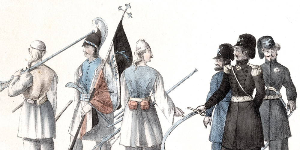Ο Δ. Υψηλάντης δίνει εντολές στον σημαιοφόρο του Κολοκοτρώνη. Γαλλική λιθογραφία, 1822 