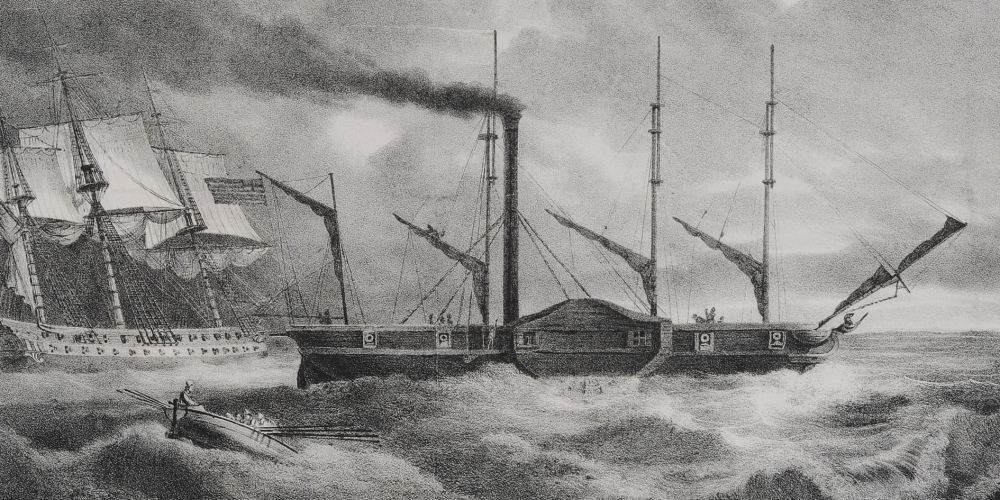 Η φρεγάτα &quot;Ελλάς&quot; και η &quot;Καρτερία&quot;, το πρώτο ατμοκίνητο πλοίο. Λιθογραφία από το λεύκωμα του Karl Krazeisen, Bildnisse ausgezeichneter Griechen und Philhellenen, nebst einigen Ansichten und Trachten. Μόναχο, 1831