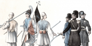 D. Ypsilanti accompagné de deux aides de Camp donne des ordres au porte étendard de Colocotroni. French lithograph, 1822 